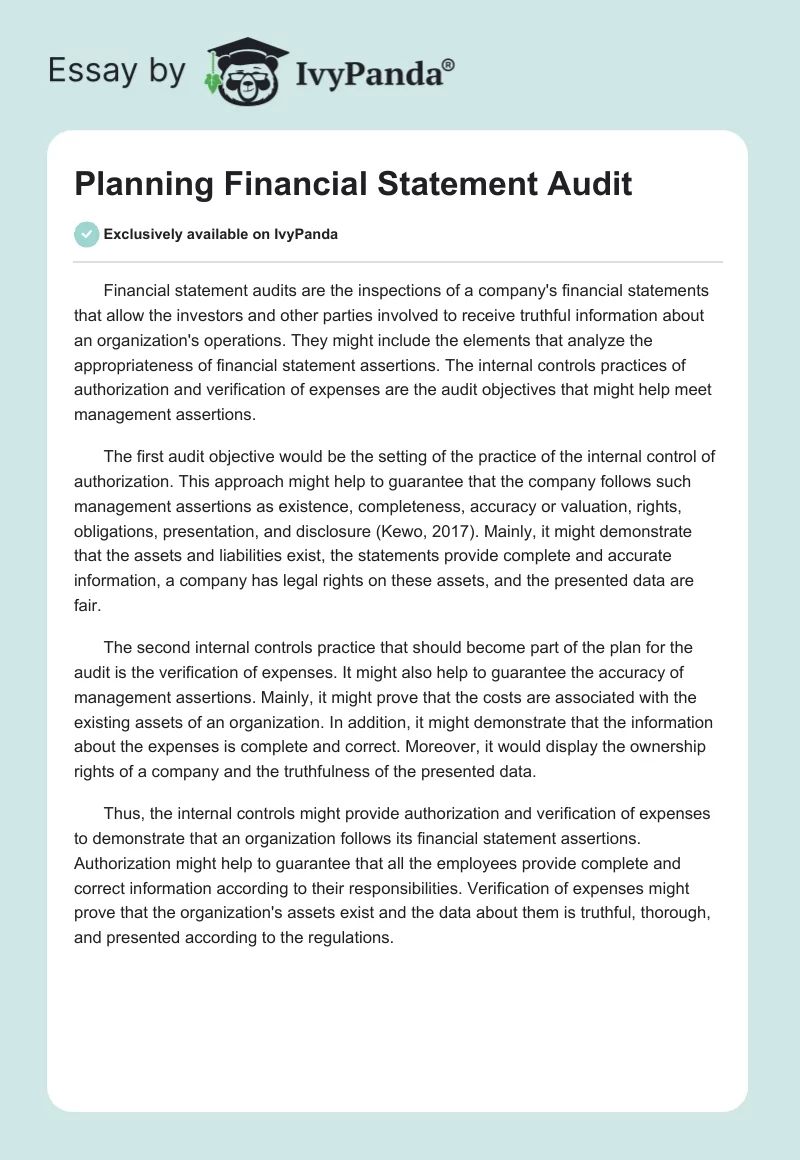 Planning Financial Statement Audit. Page 1