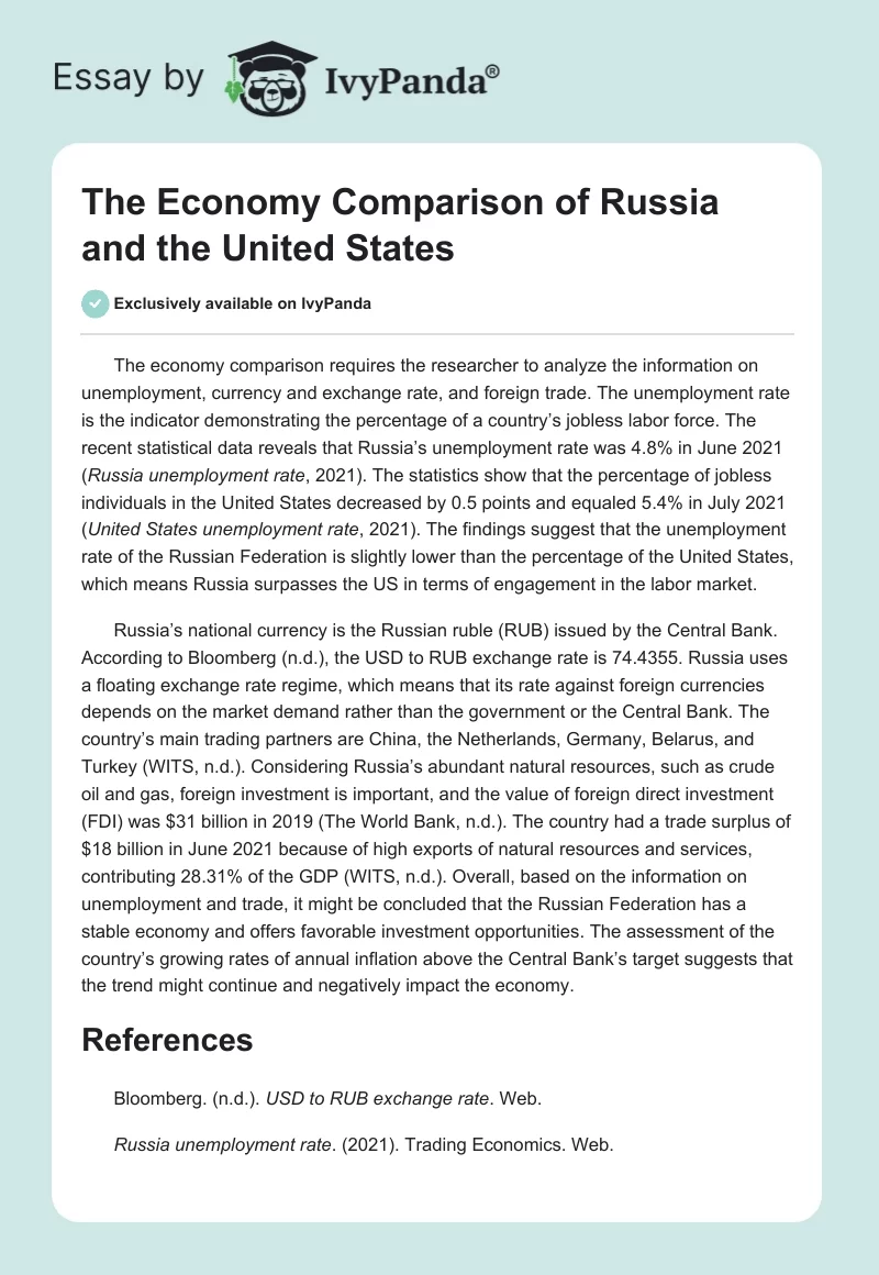 The Economy Comparison of Russia and the United States. Page 1