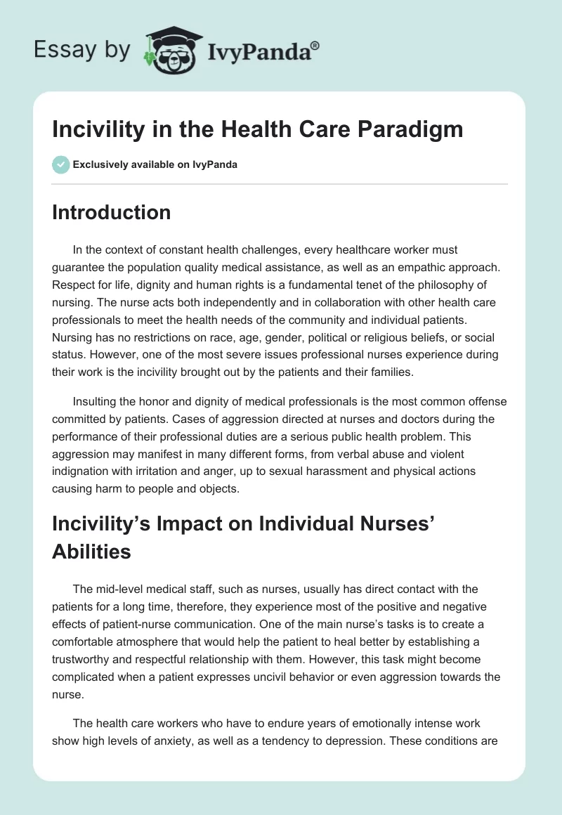 Incivility in the Health Care Paradigm. Page 1