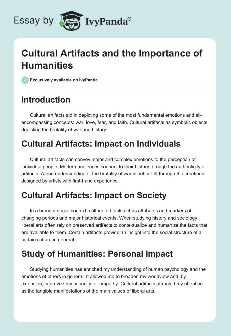 Cultural Artifacts and the Importance of Humanities. Page 1