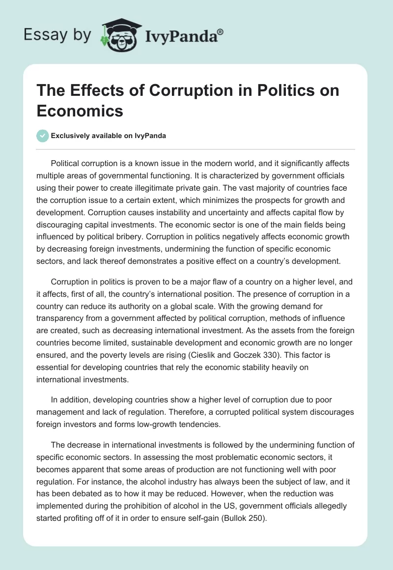 The Effects of Corruption in Politics on Economics. Page 1