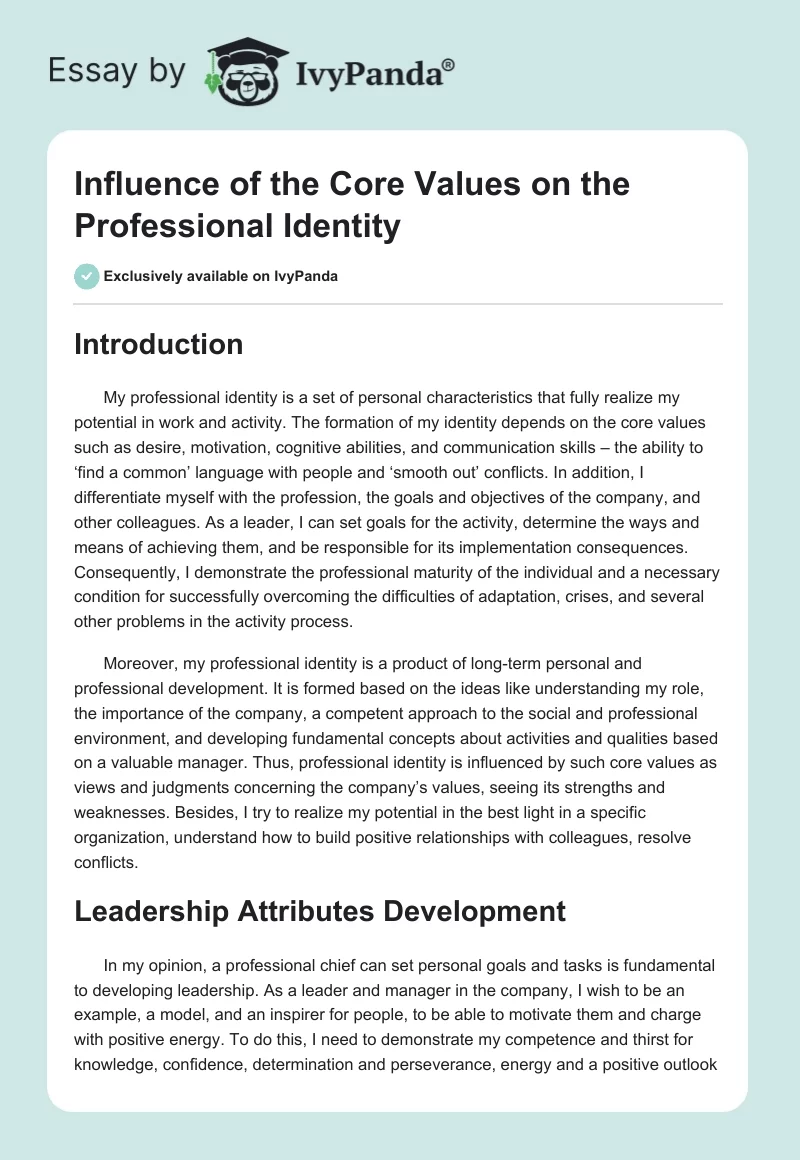 Influence of the Core Values on the Professional Identity. Page 1