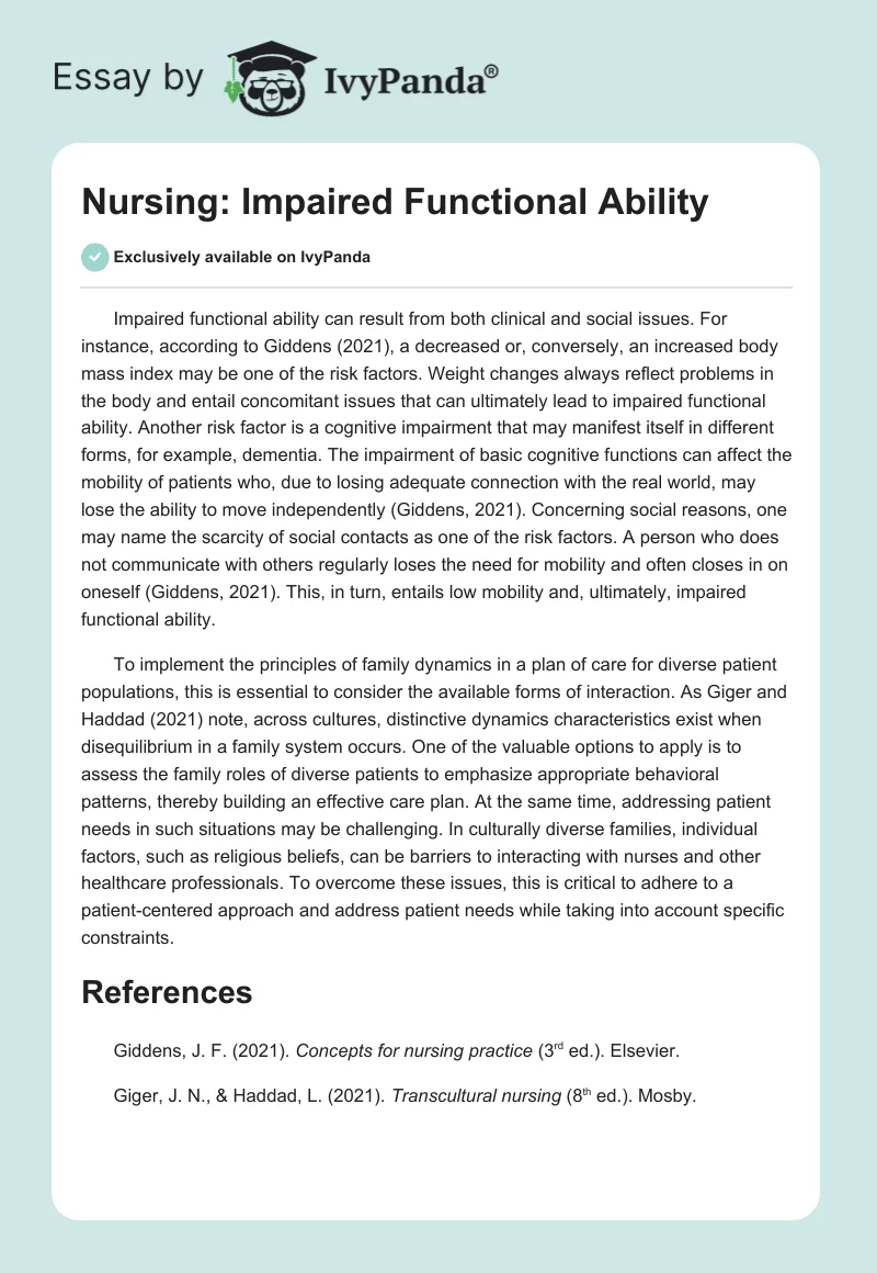 Nursing: Impaired Functional Ability. Page 1