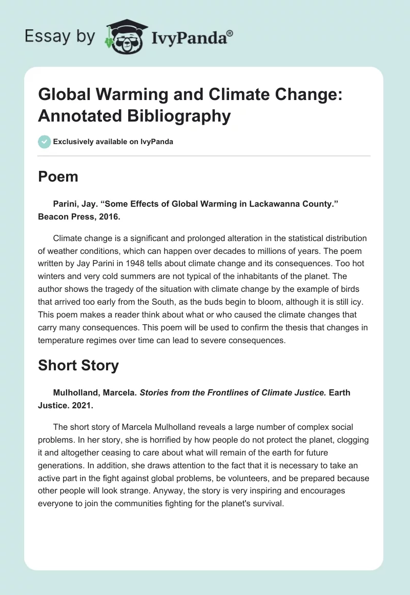 Global Warming and Climate Change: Annotated Bibliography. Page 1