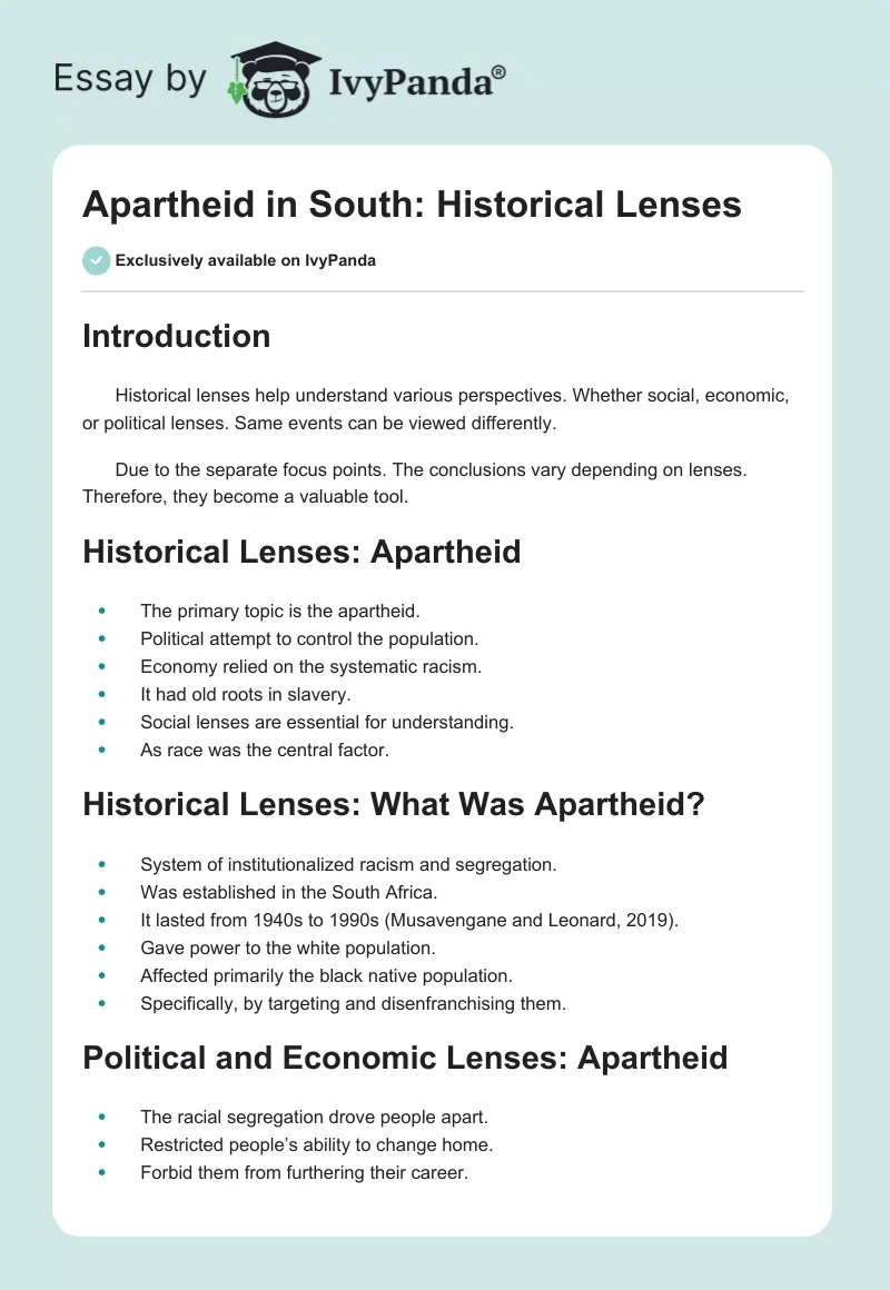Apartheid in South: Historical Lenses. Page 1