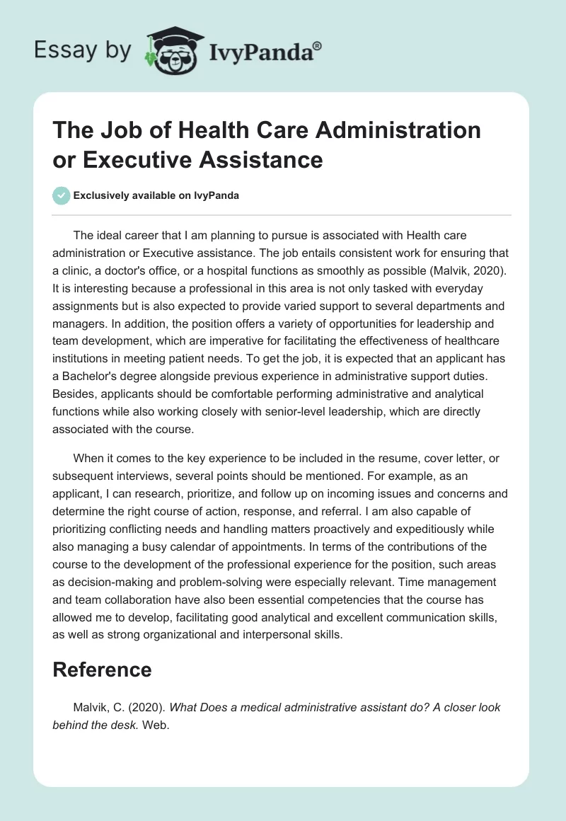 The Job of Health Care Administration or Executive Assistance. Page 1