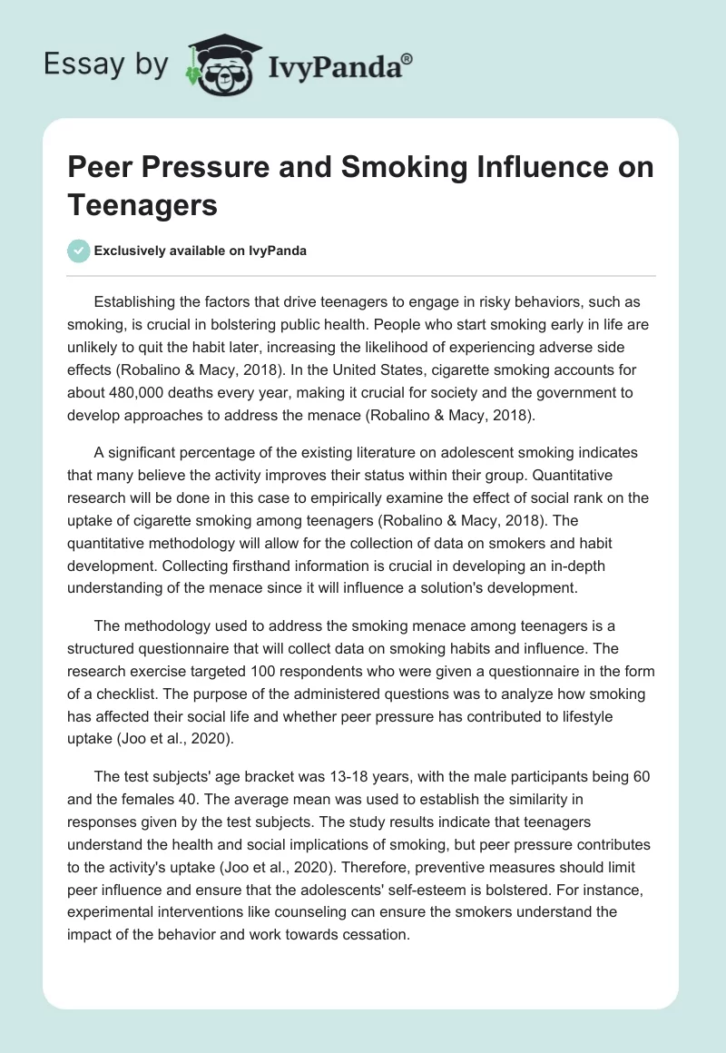 Peer Pressure and Smoking Influence on Teenagers. Page 1