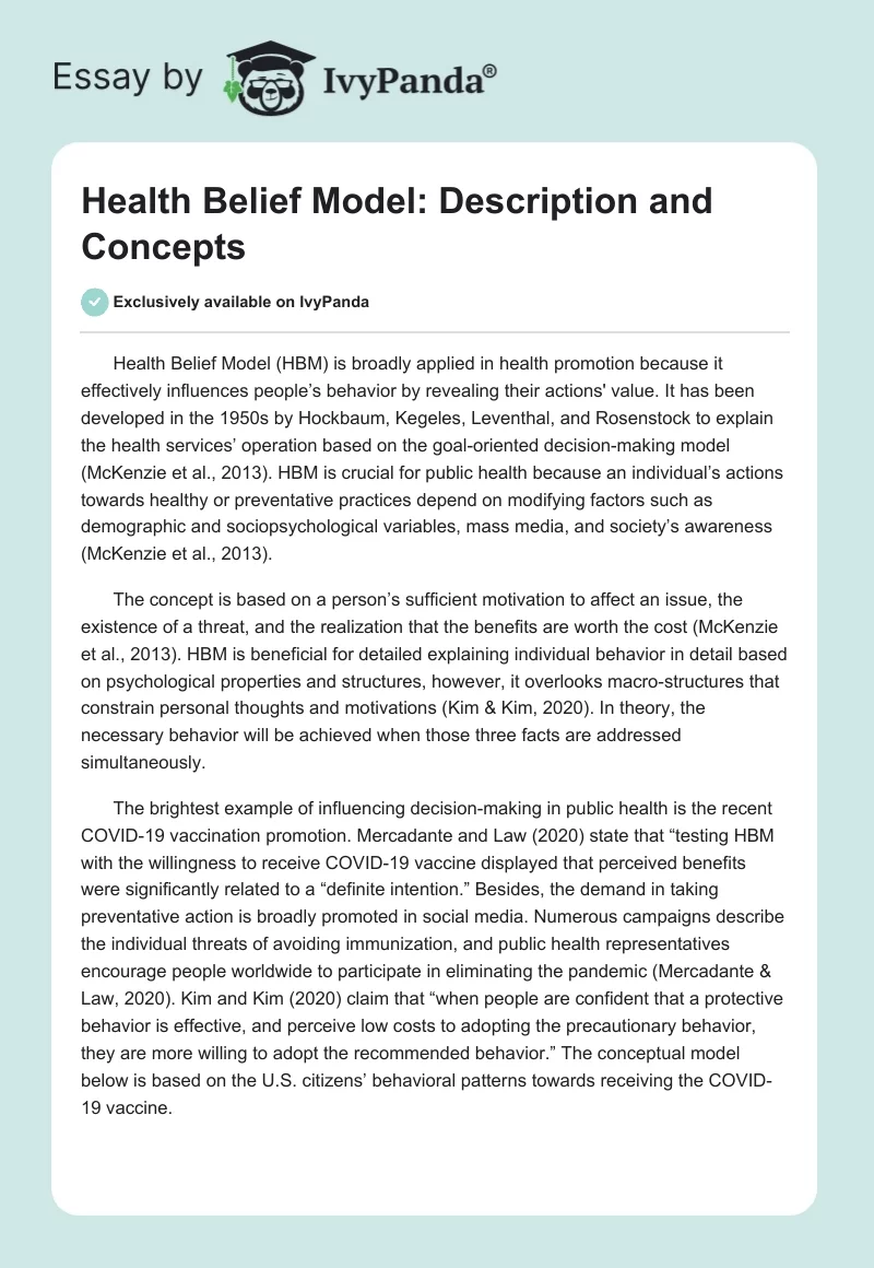 Health Belief Model: Description and Concepts. Page 1