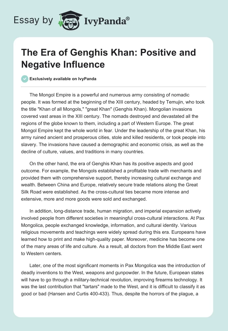 The Era of Genghis Khan: Positive and Negative Influence. Page 1