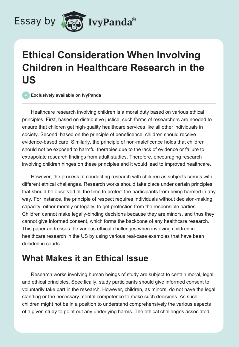 Ethical Consideration When Involving Children in Healthcare Research in the US. Page 1