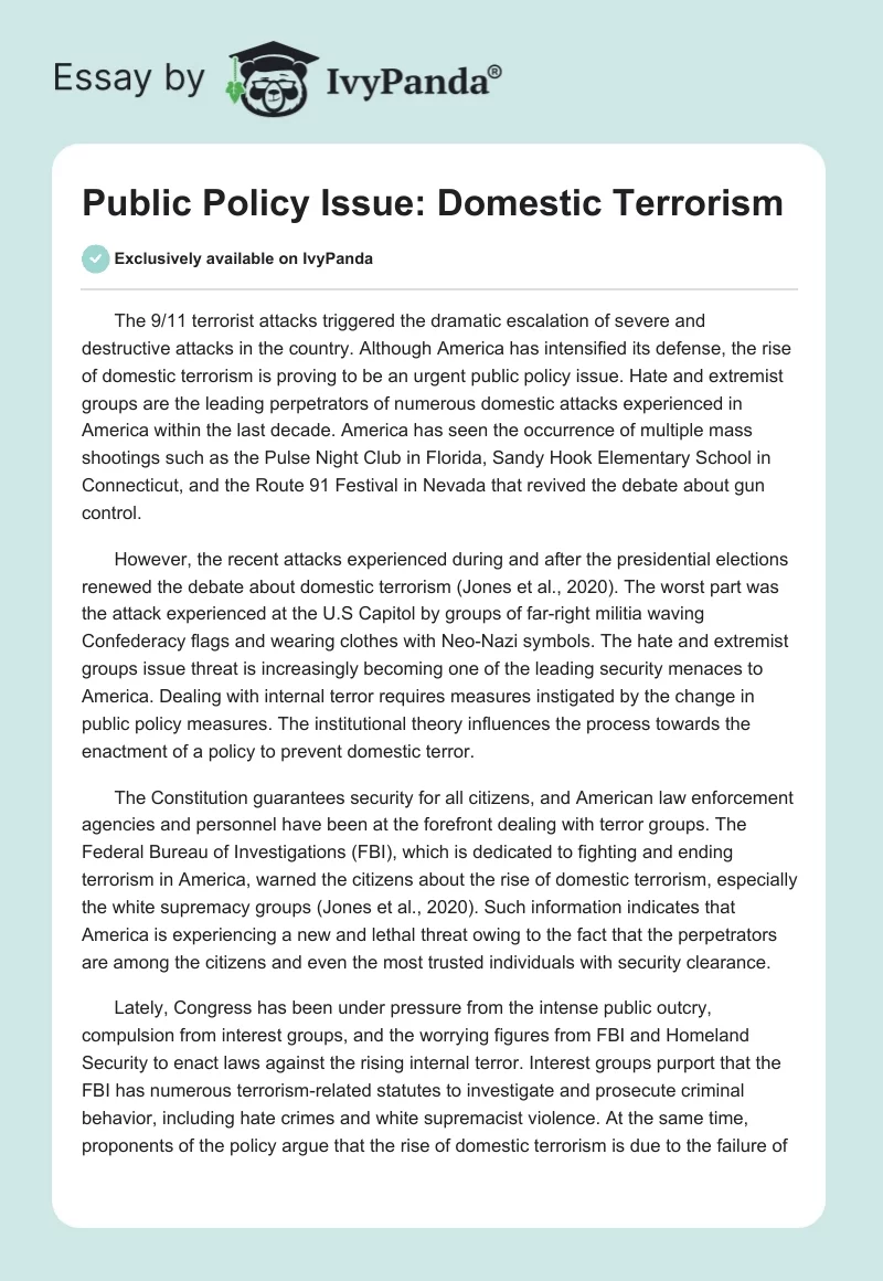 Public Policy Issue: Domestic Terrorism. Page 1