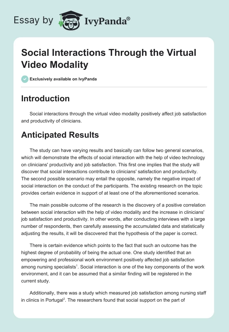 Social Interactions Through the Virtual Video Modality. Page 1