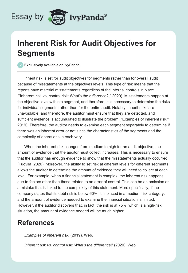 Inherent Risk for Audit Objectives for Segments. Page 1