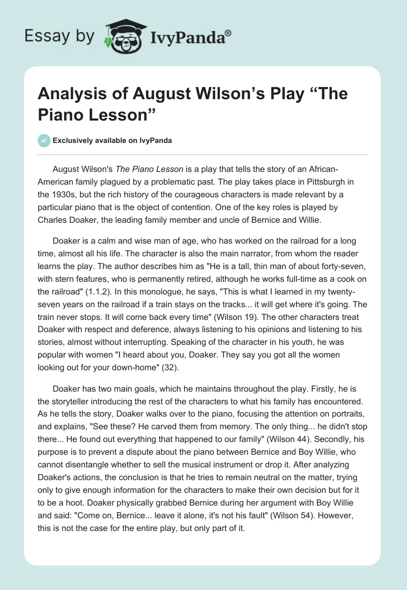 Analysis of August Wilson’s Play “The Piano Lesson”. Page 1