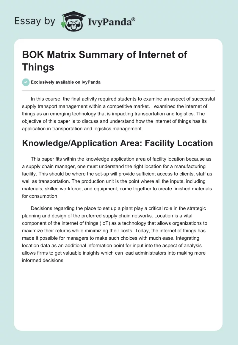 BOK Matrix Summary of Internet of Things. Page 1