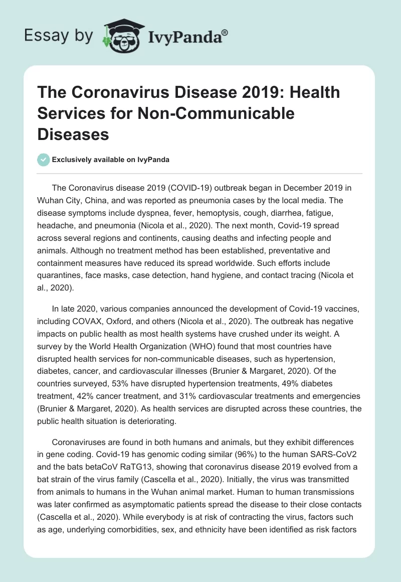 The Coronavirus Disease 2019: Health Services for Non-Communicable Diseases. Page 1