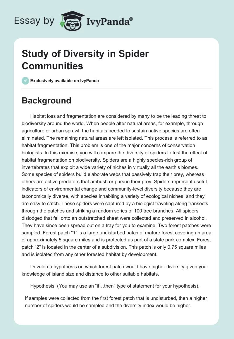 Study of Diversity in Spider Communities. Page 1