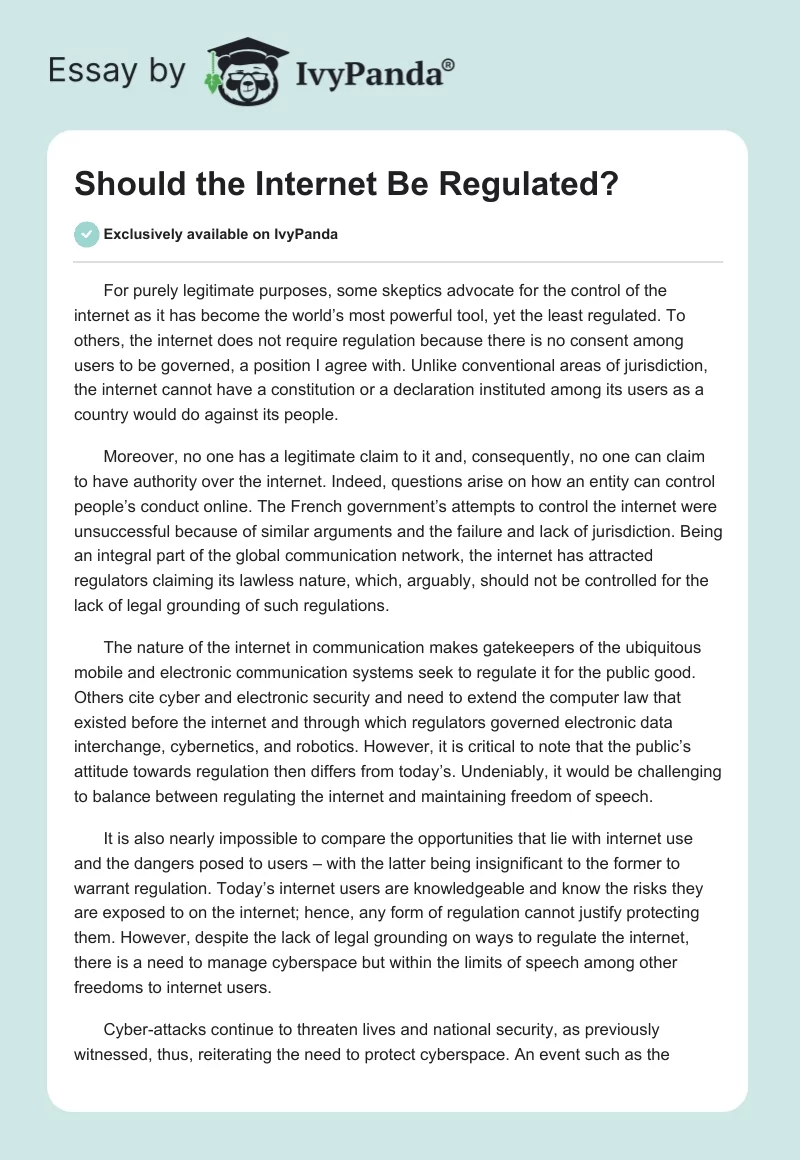 Should the Internet Be Regulated?. Page 1