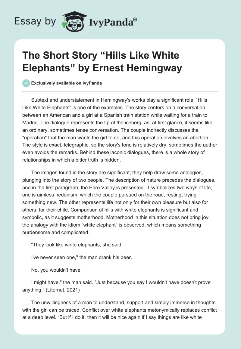 The Short Story “Hills Like White Elephants” by Ernest Hemingway. Page 1