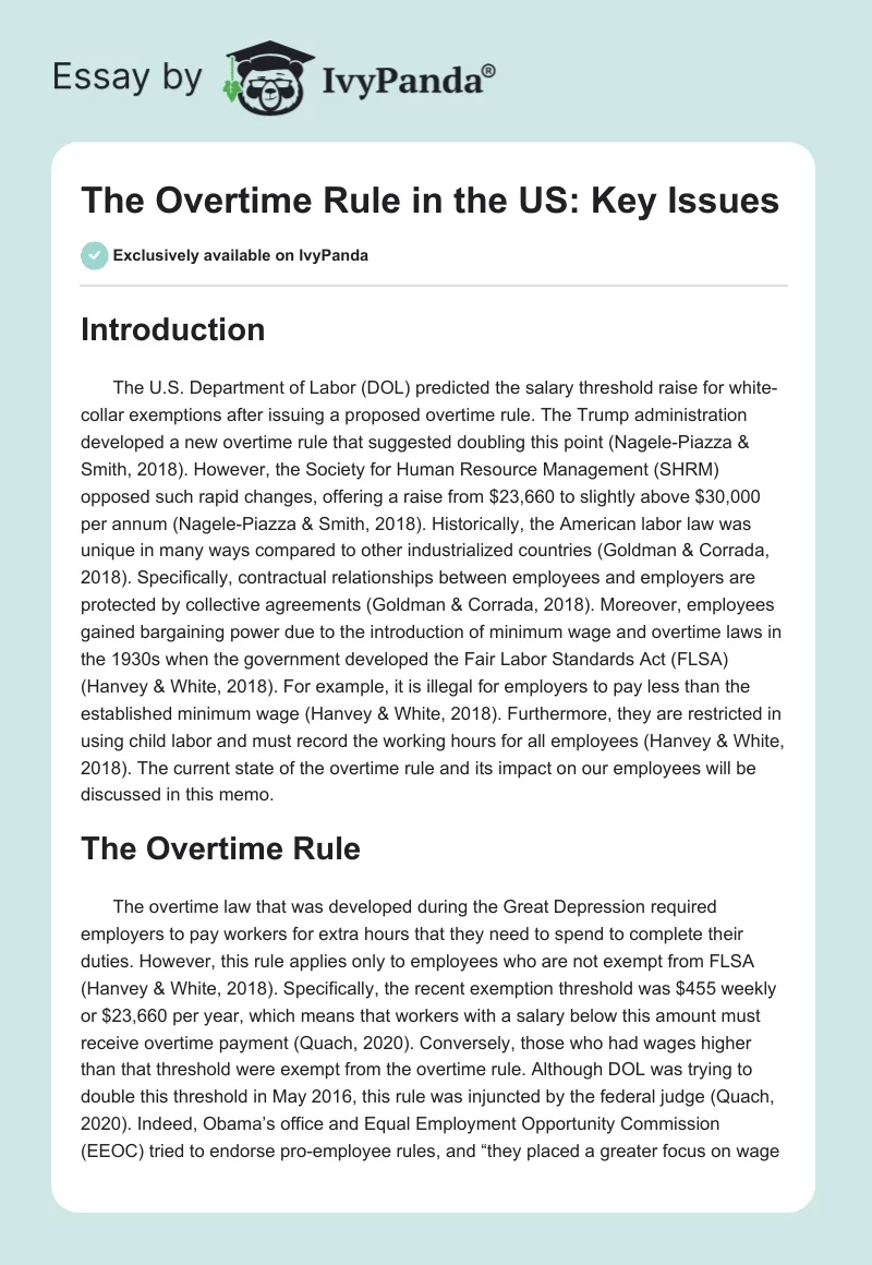 The Overtime Rule in the US: Key Issues. Page 1