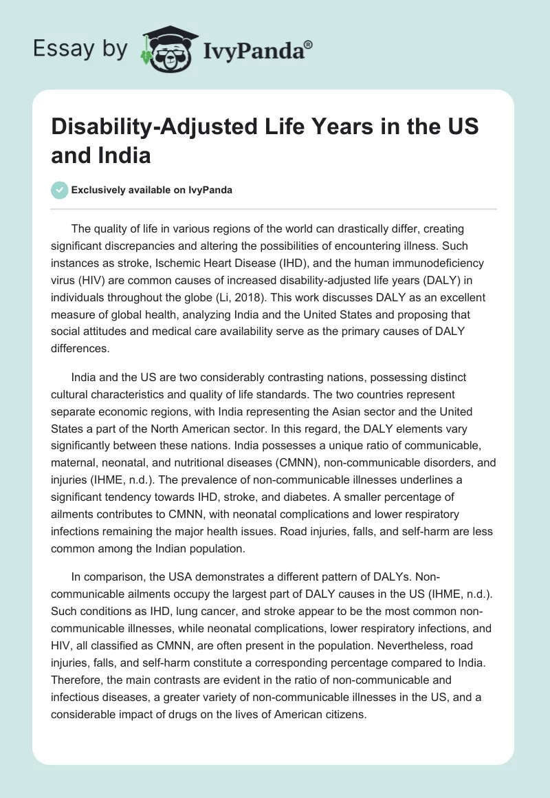 Disability-Adjusted Life Years in the US and India. Page 1
