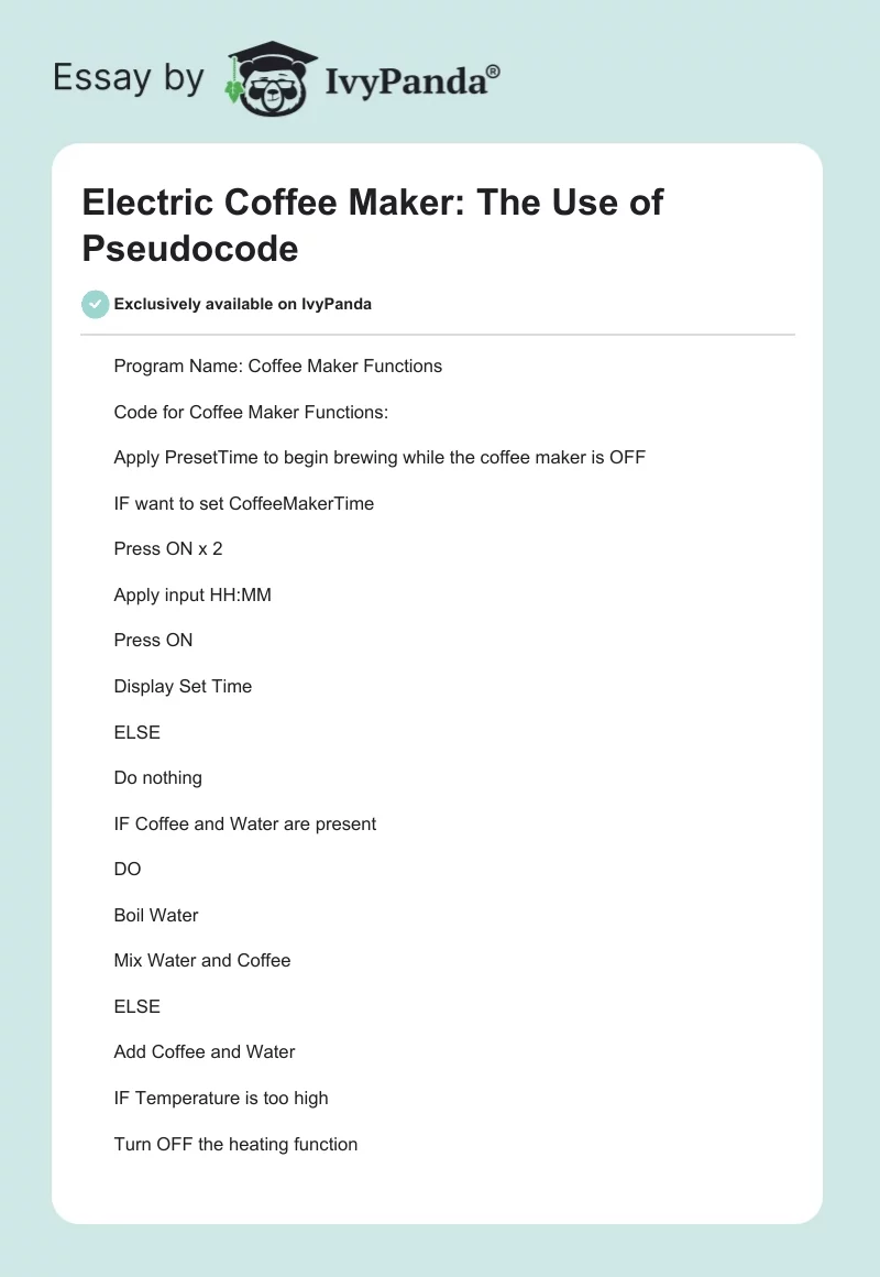 Electric Coffee Maker: The Use of Pseudocode. Page 1