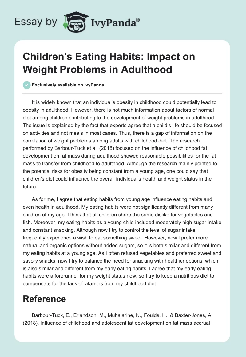 Children's Eating Habits: Impact on Weight Problems in Adulthood. Page 1