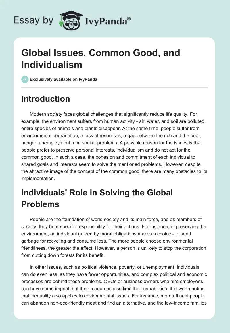 Global Issues, Common Good, and Individualism. Page 1