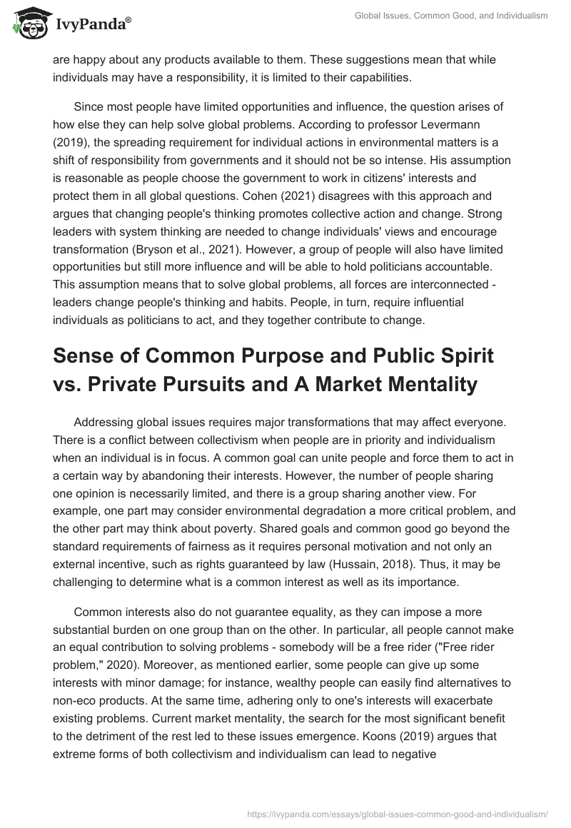Global Issues, Common Good, and Individualism. Page 2