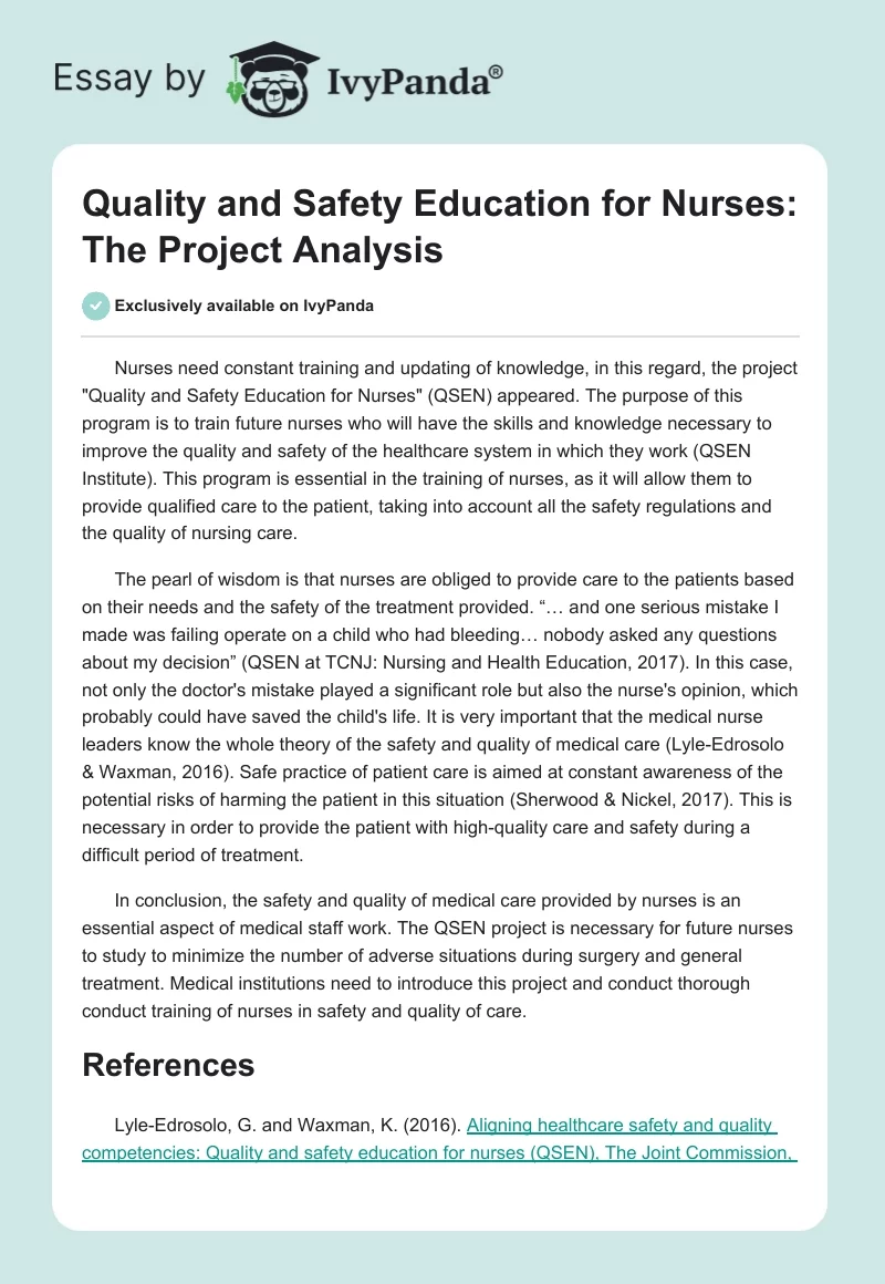 "Quality and Safety Education for Nurses": The Project Analysis. Page 1
