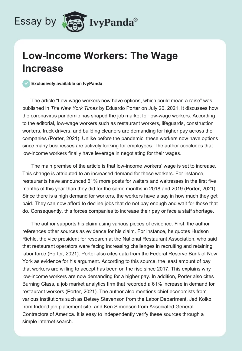 Low-Income Workers: The Wage Increase. Page 1