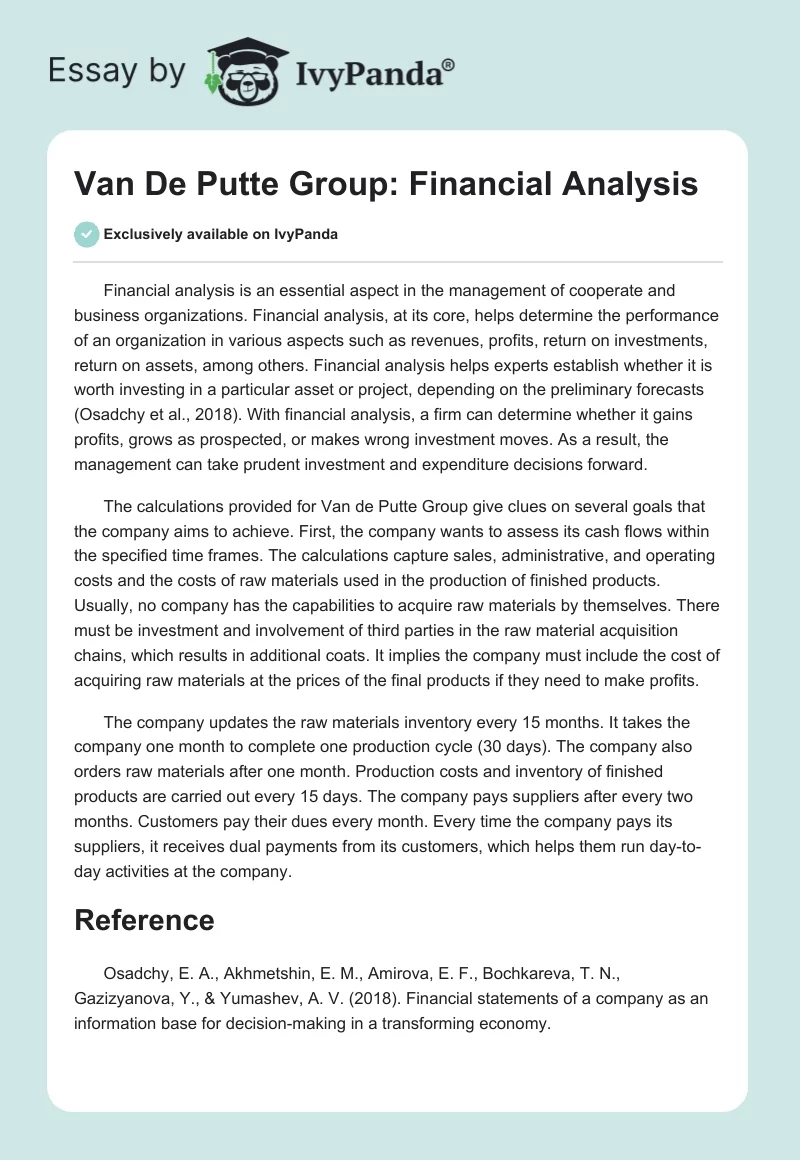 Van De Putte Group: Financial Analysis. Page 1