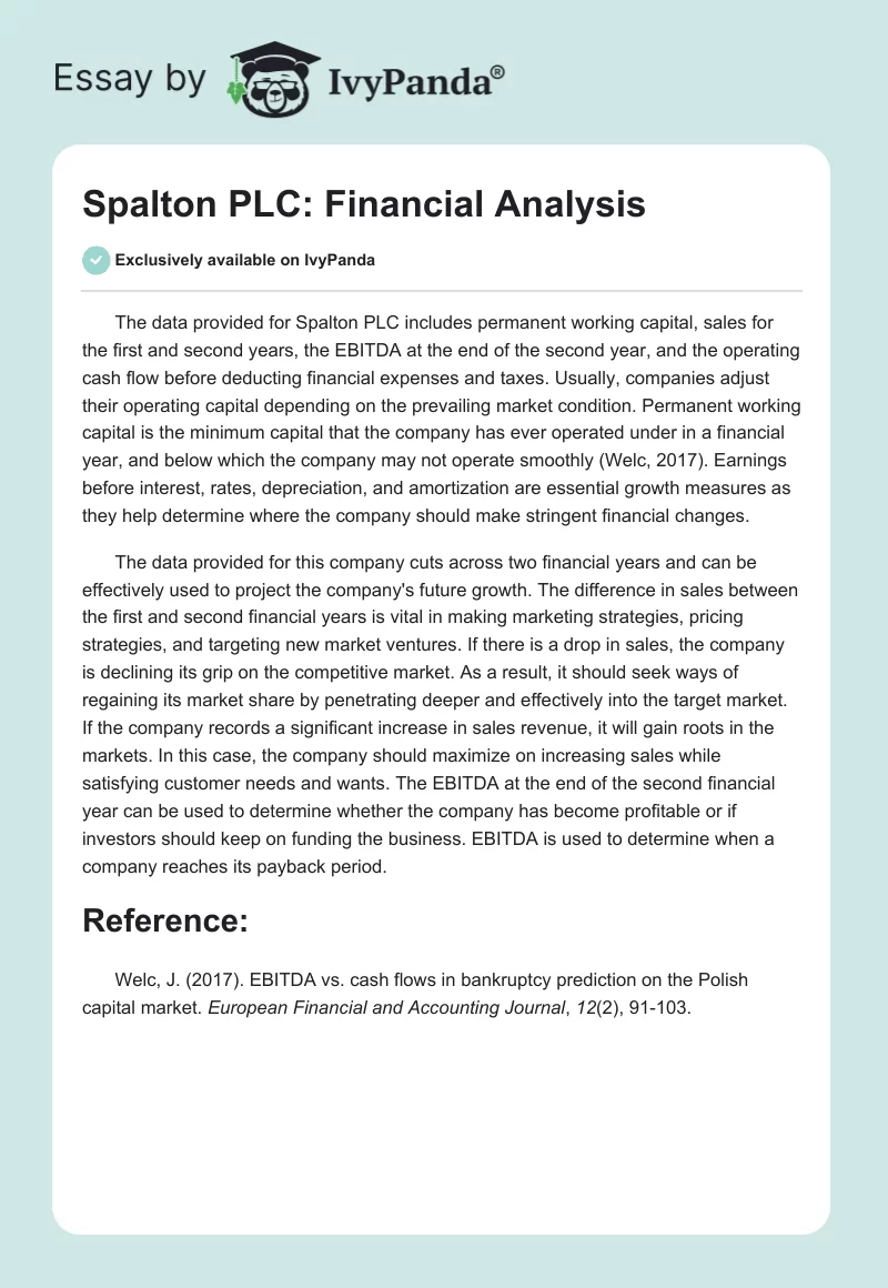 Spalton PLC: Financial Analysis. Page 1