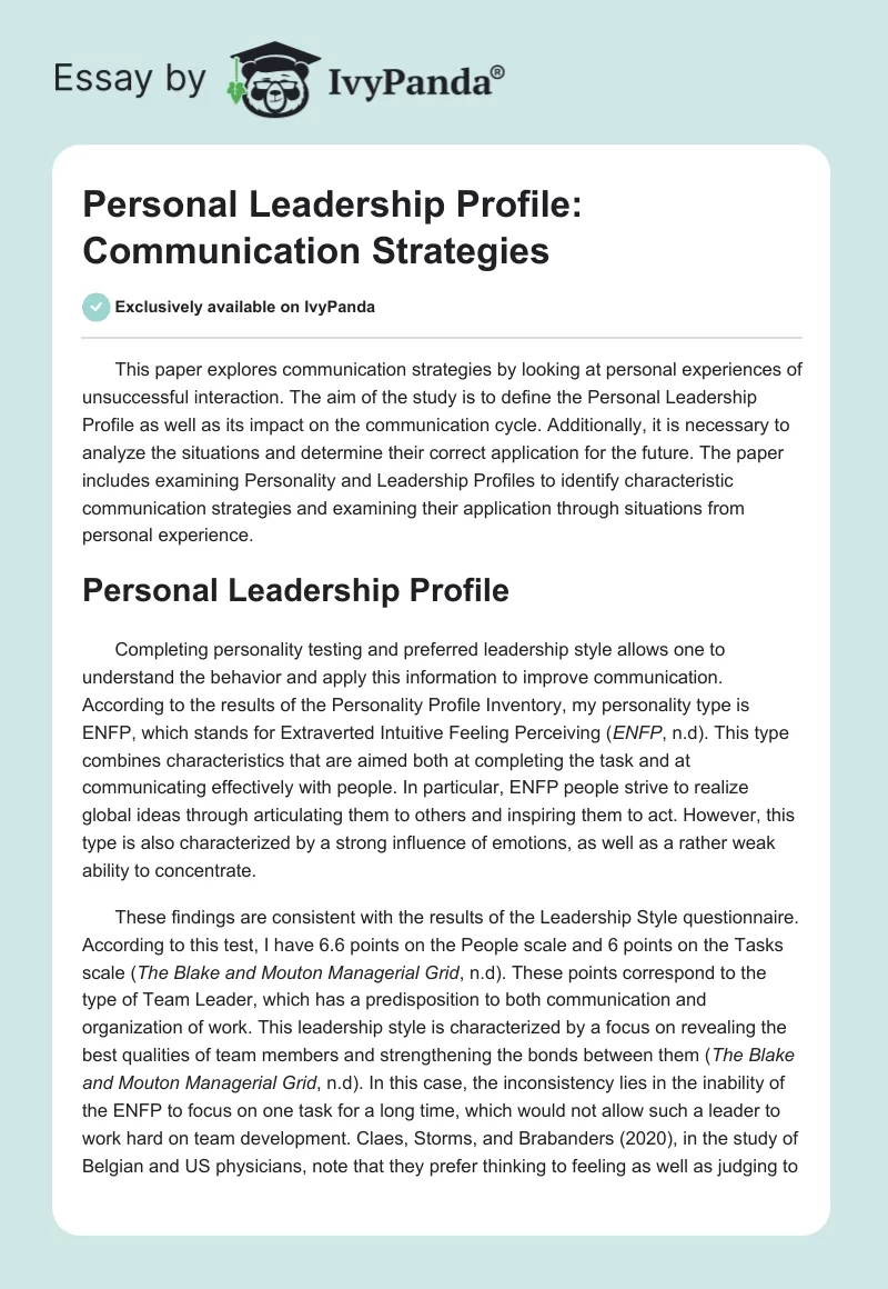 Personal Leadership Profile: Communication Strategies. Page 1