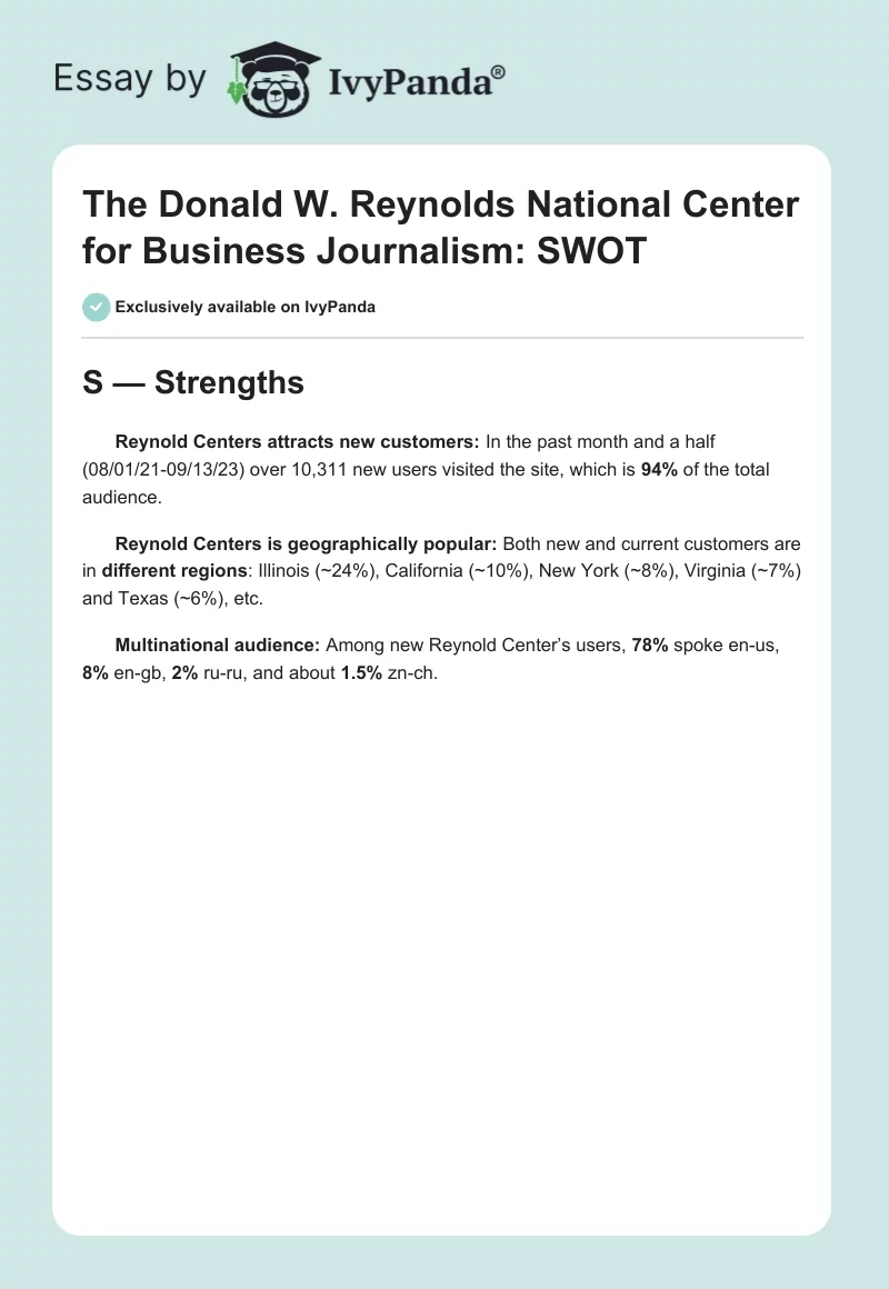 The Donald W. Reynolds National Center for Business Journalism: SWOT. Page 1