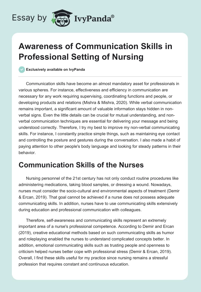 Awareness of Communication Skills in Professional Setting of Nursing. Page 1