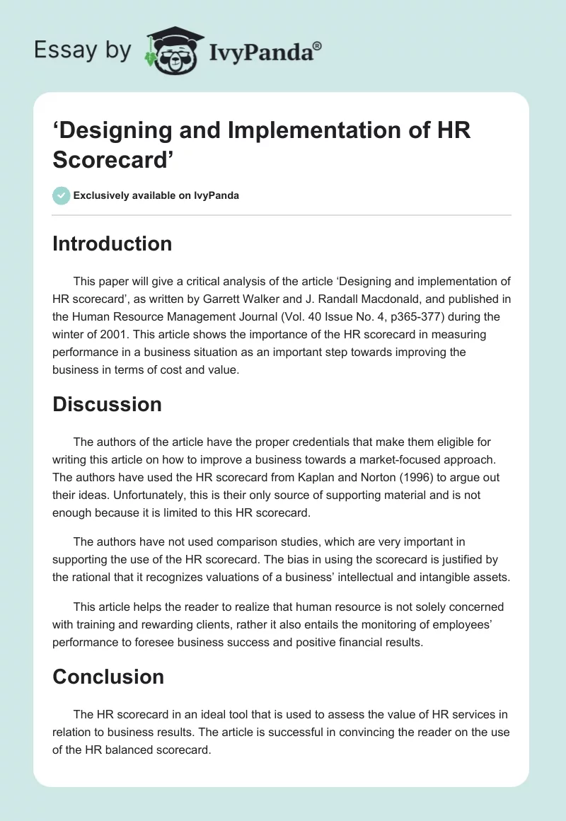 ‘Designing and Implementation of HR Scorecard’. Page 1