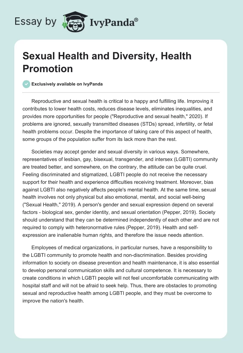 Sexual Health and Diversity, Health Promotion. Page 1