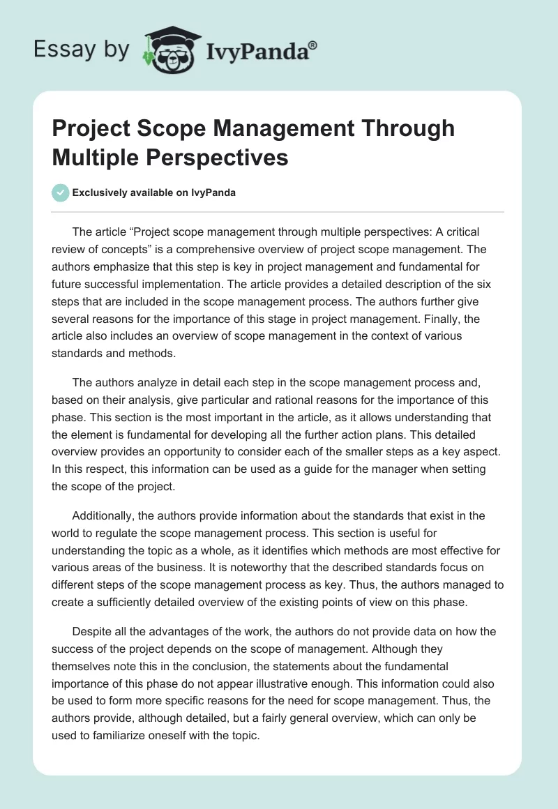 Project Scope Management Through Multiple Perspectives. Page 1