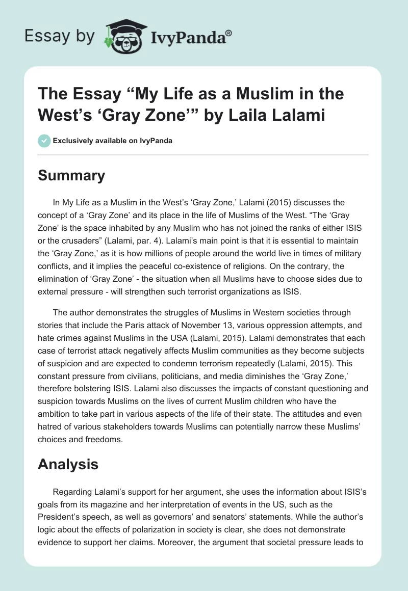 The Essay “My Life as a Muslim in the West’s ‘Gray Zone’” by Laila Lalami. Page 1