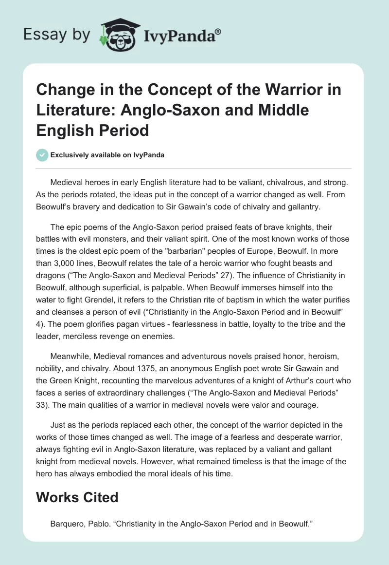 Change in the Concept of the Warrior in Literature: Anglo-Saxon and Middle English Period. Page 1