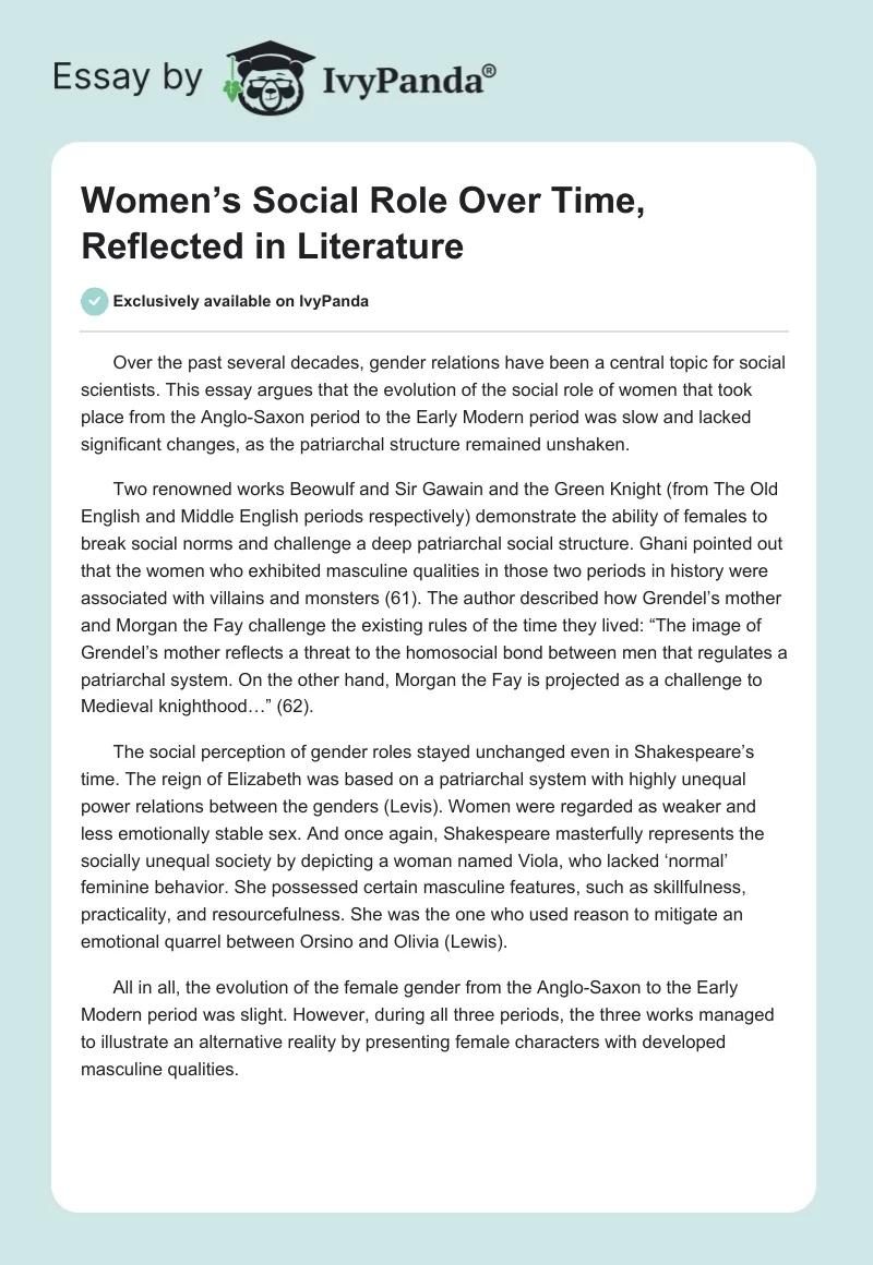 Women’s Social Role Over Time, Reflected in Literature. Page 1