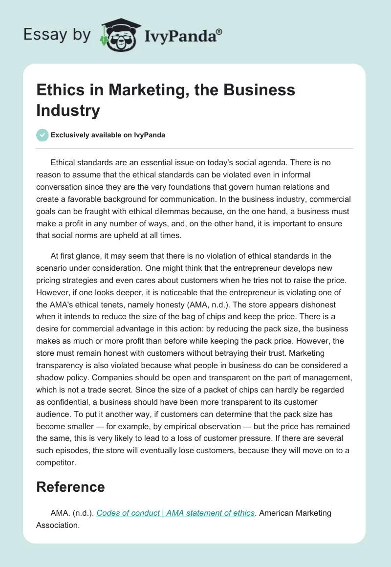 Ethics in Marketing, the Business Industry. Page 1