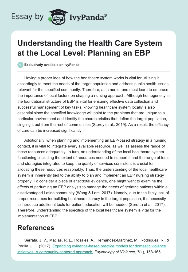Understanding the Health Care System at the Local Level: Planning an EBP. Page 1