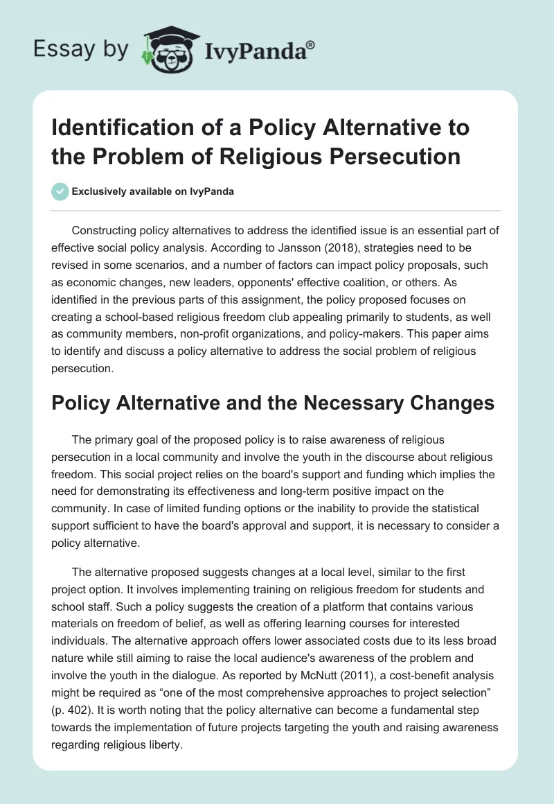Identification of a Policy Alternative to the Problem of Religious Persecution. Page 1
