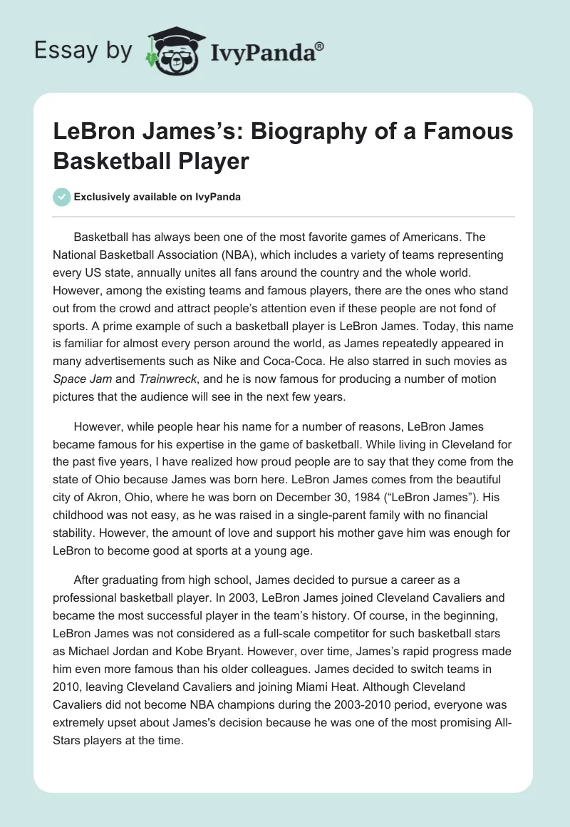 LeBron James’s: Biography of a Famous Basketball Player. Page 1