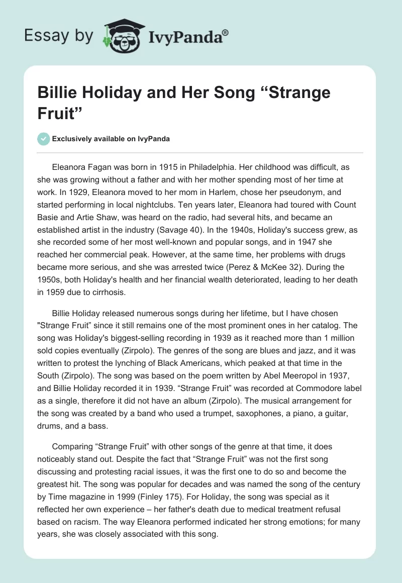 Billie Holiday and Her Song “Strange Fruit”. Page 1
