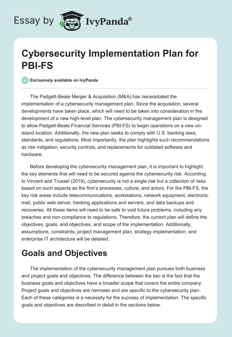 Cybersecurity Implementation Plan for PBI-FS. Page 1