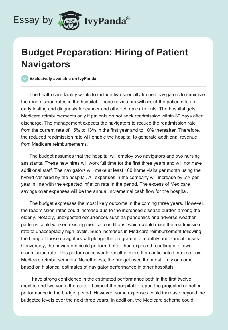 Budget Preparation: Hiring of Patient Navigators. Page 1