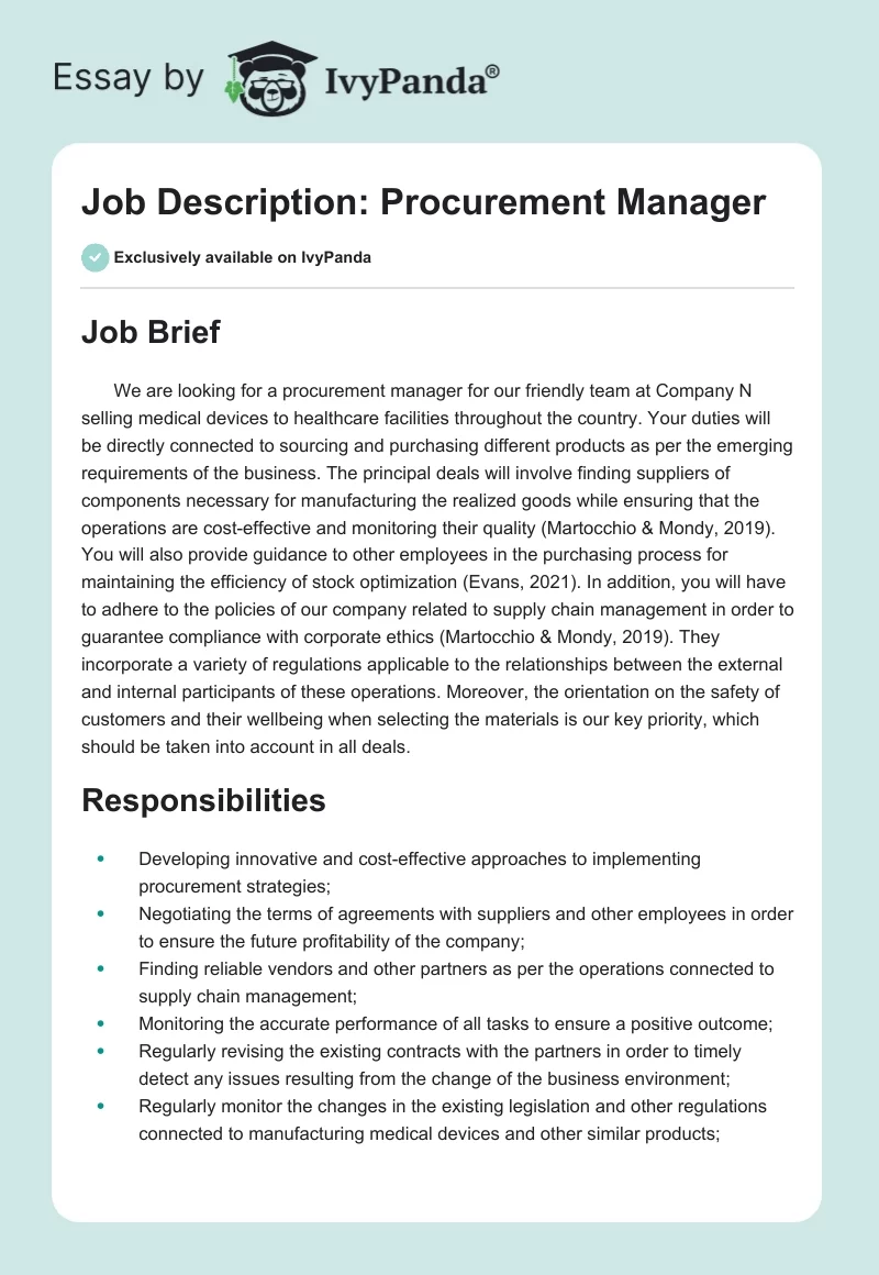 Job Description: Procurement Manager. Page 1